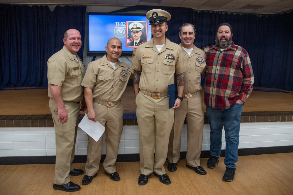 GSMC Tyler Benson Promoted to Senior Chief Petty Officer at Surface Warfare Engineering Schools Command (SWESC) Great Lakes