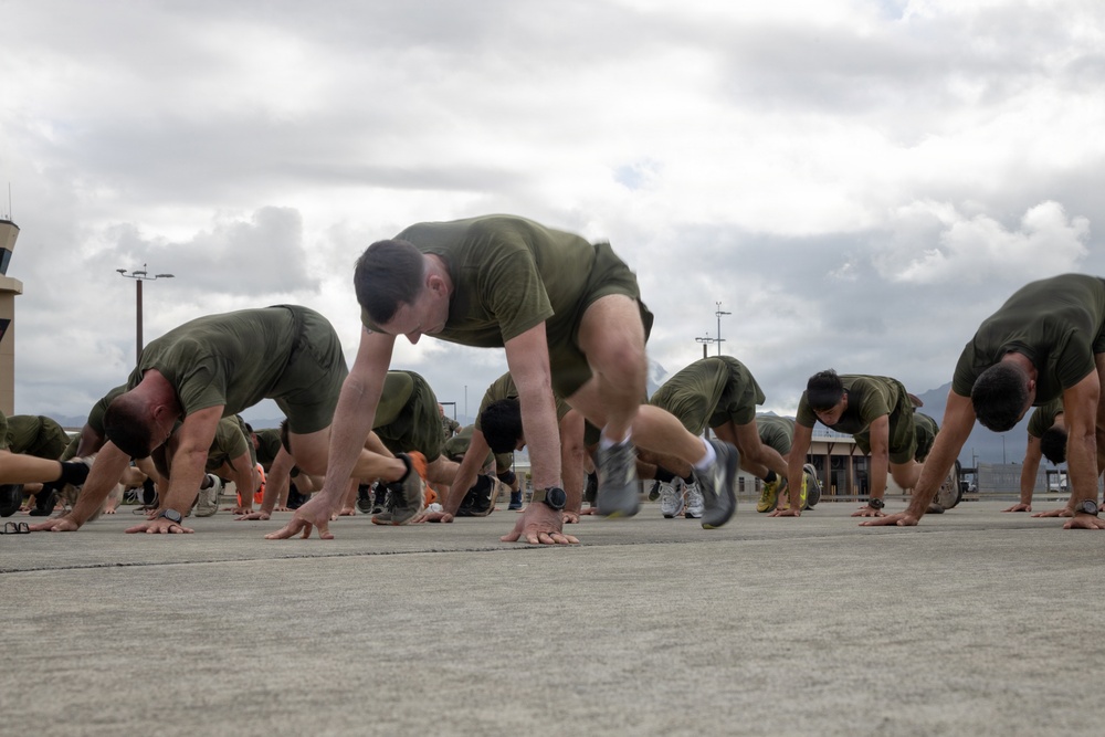 Marines with MCAS (MCBH) Conduct a Unit PT for the 250th USMC Birthday