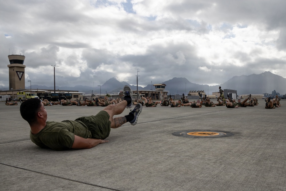 Marines with MCAS (MCBH) Conduct a Unit PT for the 250th USMC Birthday