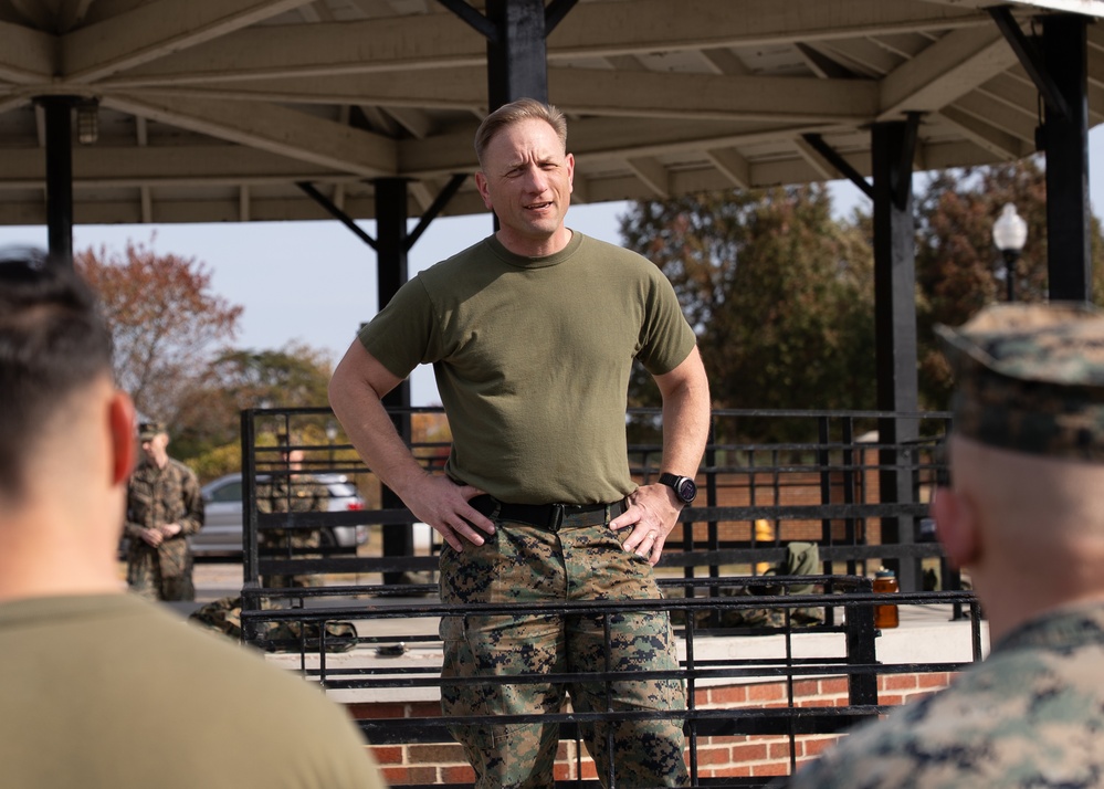 MCCYWG Commanding Officer Talks to Marines After PT Event for 250th