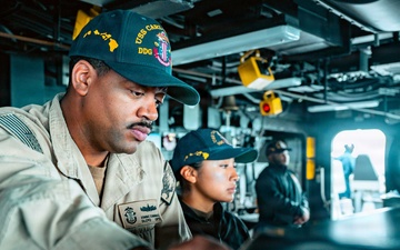 U.S. Navy Sailor Navigates on the Bridge