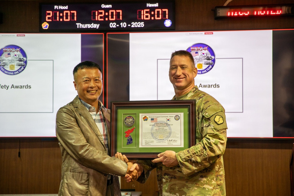 Mr. Kwon, Ki Paek, Mr. Choe, Hang Pae, and Mr. Chong, Su Ho from the MSC-K Safety Office were recognized with the United States Army Mishap Prevention Award of Accomplishment on Oct. 2.