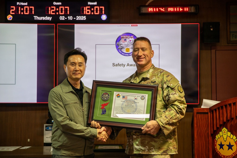 Mr. Kwon, Ki Paek, Mr. Choe, Hang Pae, and Mr. Chong, Su Ho from the MSC-K Safety Office were recognized with the United States Army Mishap Prevention Award of Accomplishment on Oct. 2.