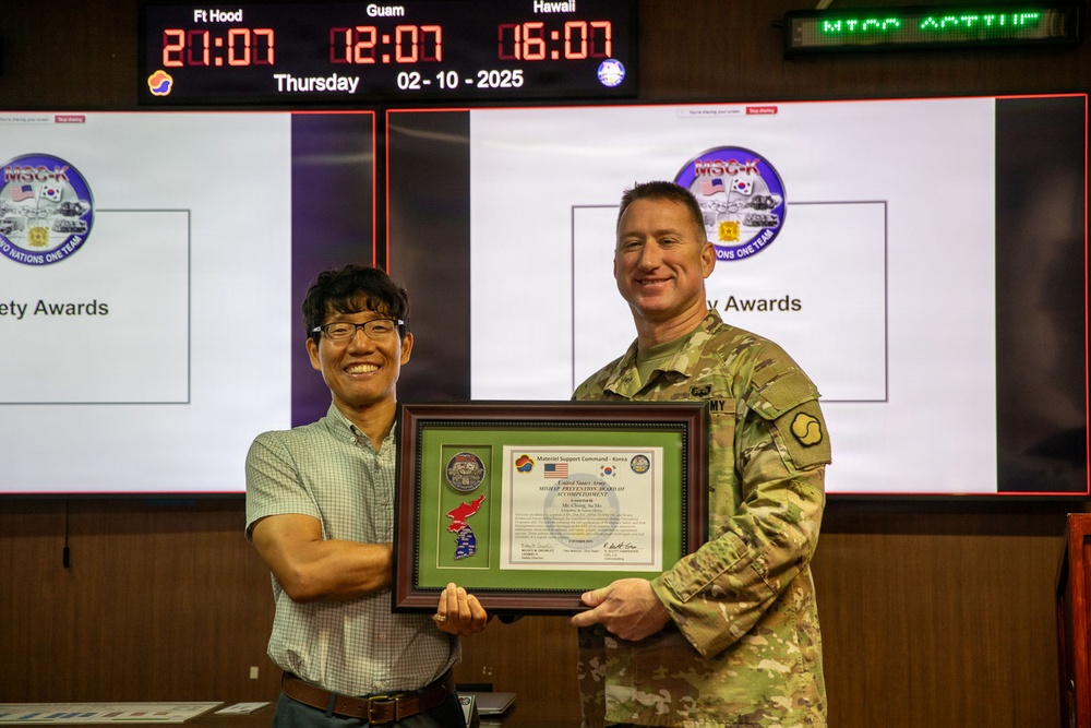 Mr. Kwon, Ki Paek, Mr. Choe, Hang Pae, and Mr. Chong, Su Ho from the MSC-K Safety Office were recognized with the United States Army Mishap Prevention Award of Accomplishment on Oct. 2.