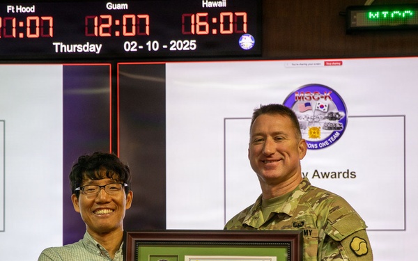 Mr. Kwon, Ki Paek, Mr. Choe, Hang Pae, and Mr. Chong, Su Ho from the MSC-K Safety Office were recognized with the United States Army Mishap Prevention Award of Accomplishment on Oct. 2.