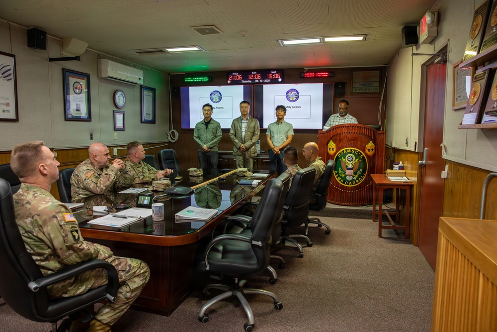 Mr. Kwon, Ki Paek, Mr. Choe, Hang Pae, and Mr. Chong, Su Ho from the MSC-K Safety Office were recognized with the United States Army Mishap Prevention Award of Accomplishment on Oct. 2.