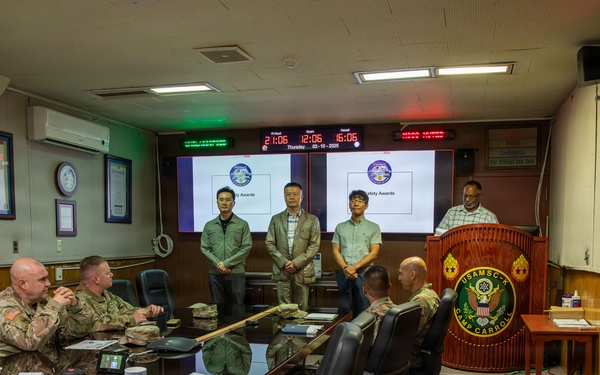 Mr. Kwon, Ki Paek, Mr. Choe, Hang Pae, and Mr. Chong, Su Ho from the MSC-K Safety Office were recognized with the United States Army Mishap Prevention Award of Accomplishment on Oct. 2.