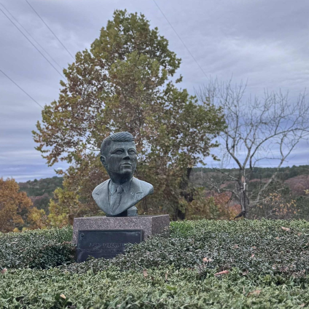 Bust of President John F. Kennedy stands at the JFK Overlook at Greers Ferry Dam