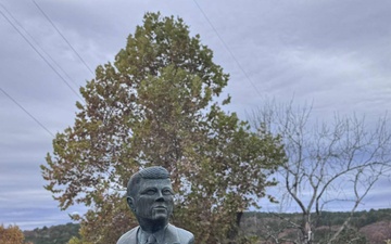 Bust of President John F. Kennedy stands at the JFK Overlook at Greers Ferry Dam