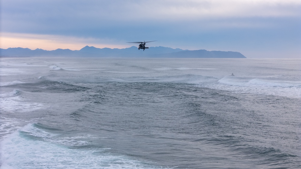 Coast Guard Aircrews Train in Surf with Air Force PJs at Fort Stevens