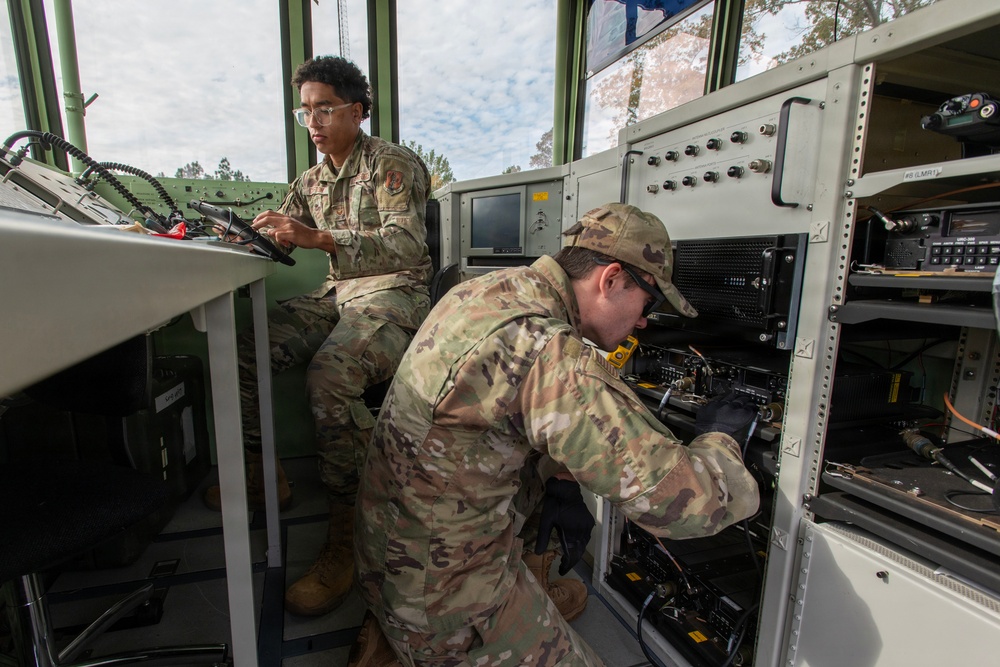245th Combat Airfield Operations Squadron Airmen conduct field setup and teardown training at McEntire