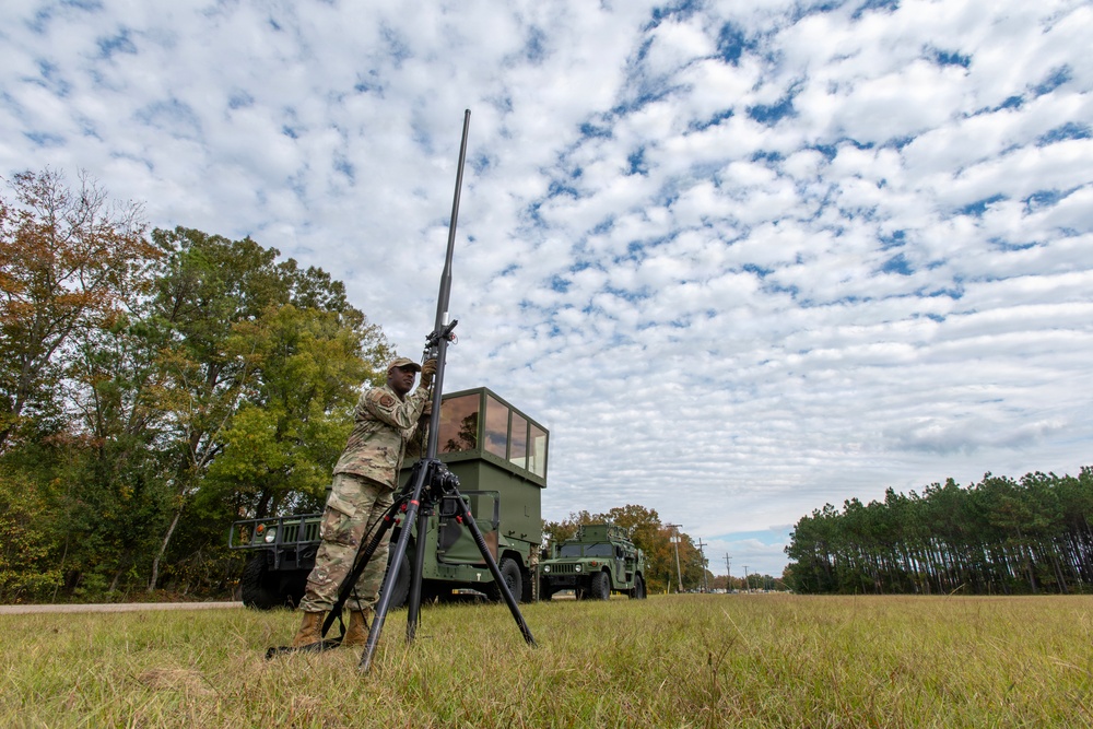 245th Combat Airfield Operations Squadron Airmen conduct field setup and teardown training at McEntire