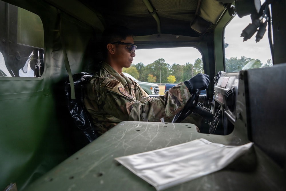 245th Combat Airfield Operations Squadron Airmen conduct field setup and teardown training at McEntire