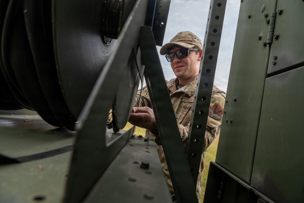 245th Combat Airfield Operations Squadron Airmen conduct field setup and teardown training at McEntire