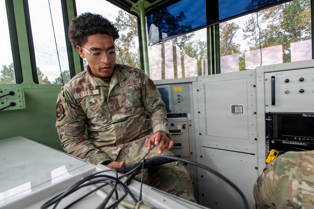 245th Combat Airfield Operations Squadron Airmen conduct field setup and teardown training at McEntire
