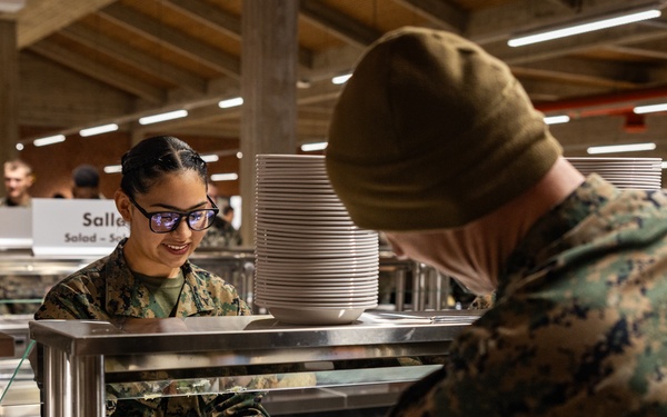 U.S. Marines and Sailors, celebrate a Thanksgiving meal while on European deployment