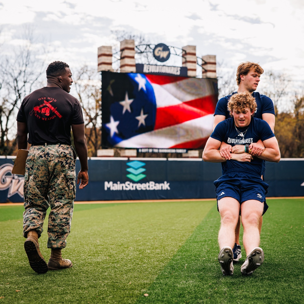 U.S. Marines with MAFCE challenge the George Washington University baseball team