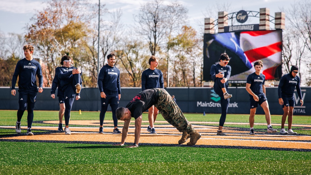 U.S. Marines with MAFCE challenge the George Washington University baseball team