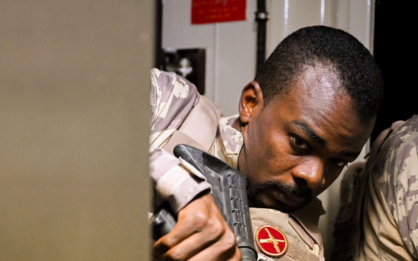 Coalition forces conduct close quarters combat training during Exercise Ferocious Falcon 6