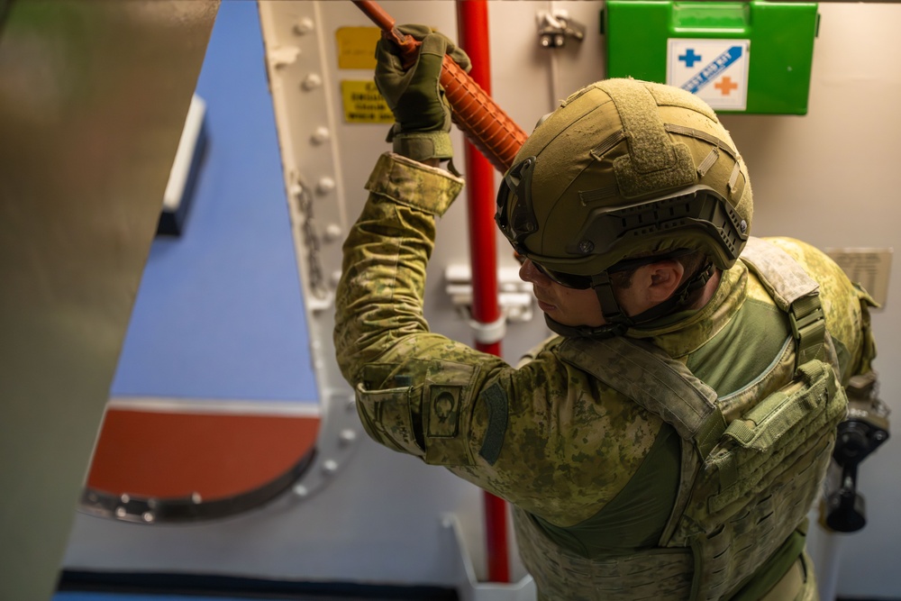 Coalition forces conduct close quarters combat training during Exercise Ferocious Falcon 6