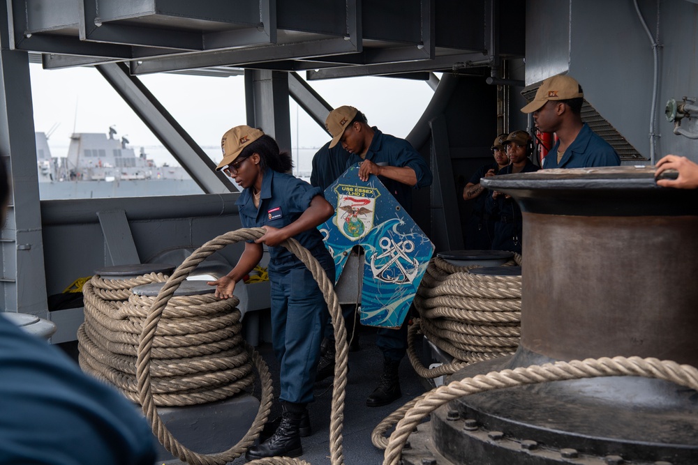 USS Essex conducts Sea and anchor as it departs Naval Base San Diego
