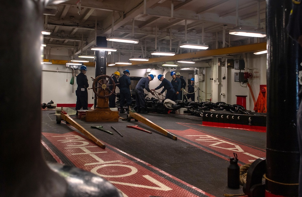 USS Essex conducts anchor drop testing while underway