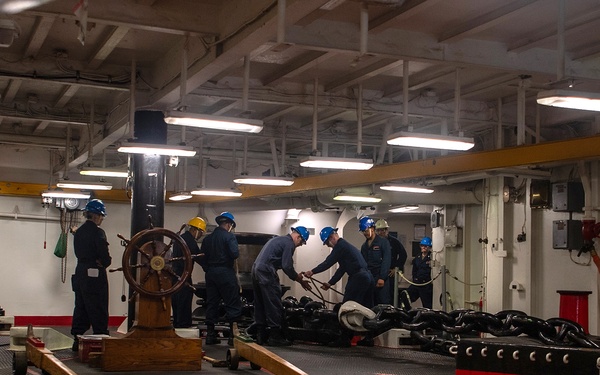 USS Essex conducts anchor drop testing while underway