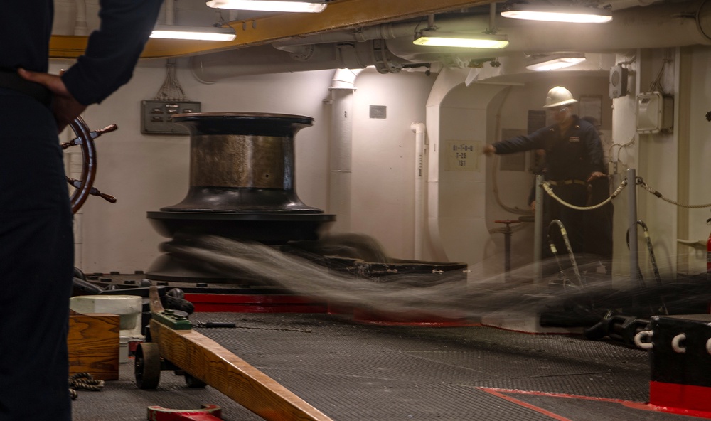 USS Essex conducts anchor drop testing while underway