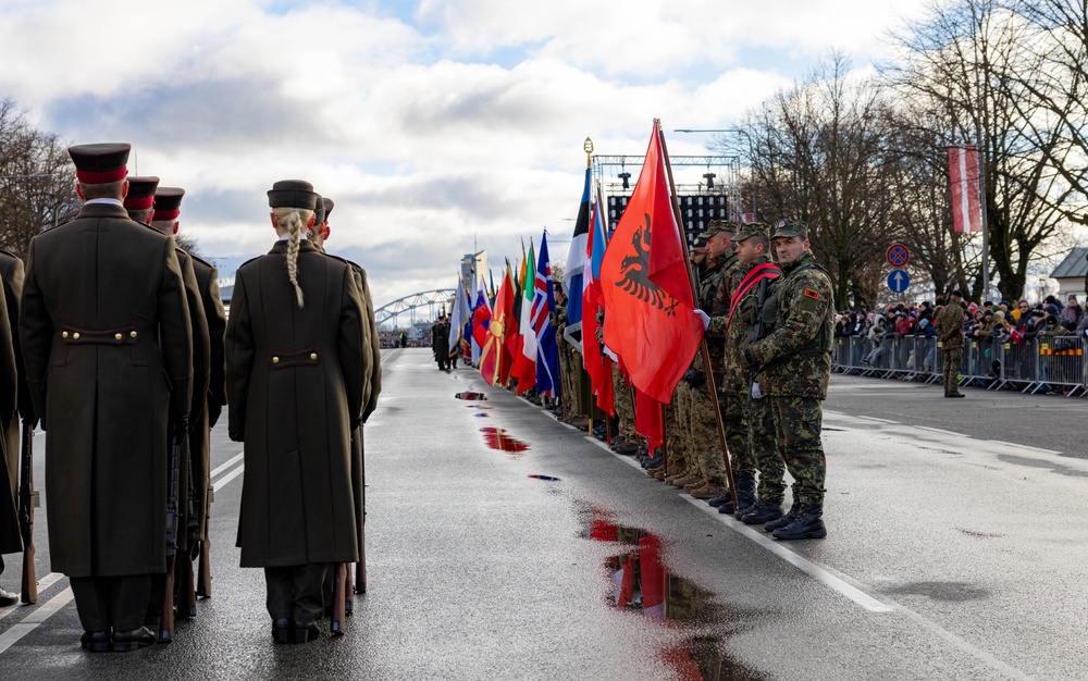 Multinational troops display their national colors