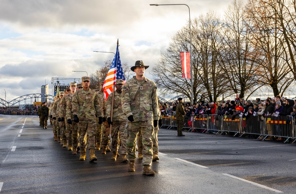 U.S. Soldiers march in Latvia’s Independence Day parade
