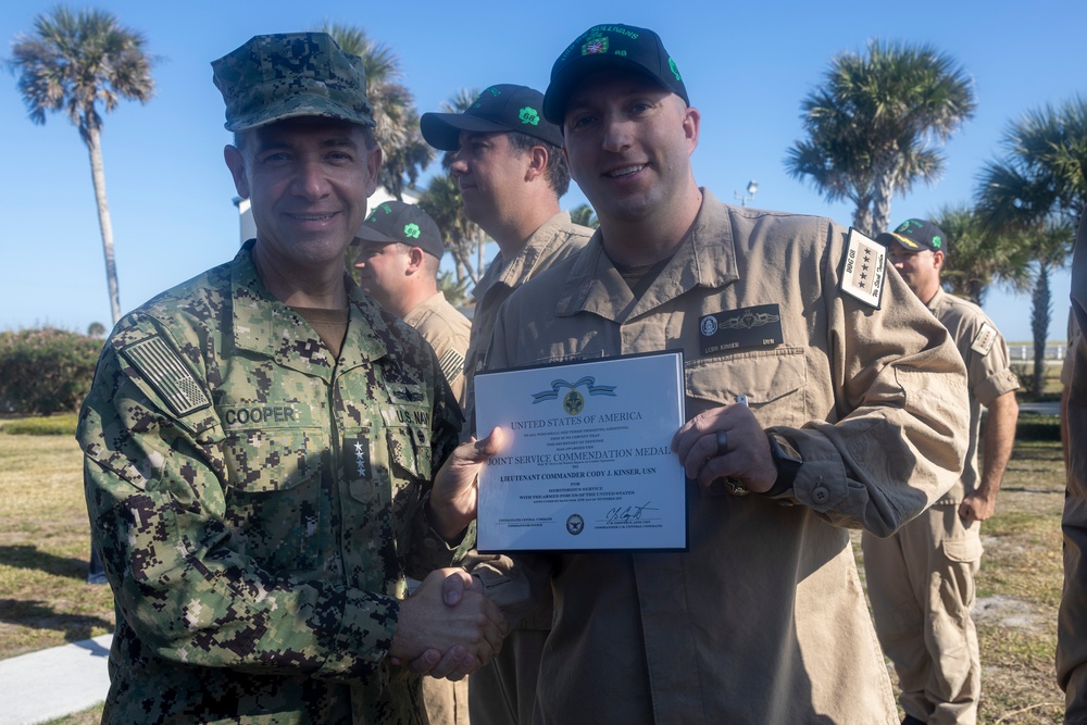 Adm. Brad Cooper, Presents Joint Awards with “R” Device to USS The Sullivans (DDG 68)
