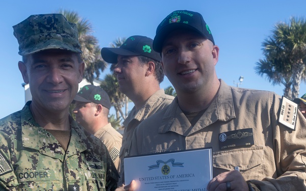Adm. Brad Cooper, Presents Joint Awards with “R” Device to USS The Sullivans (DDG 68)