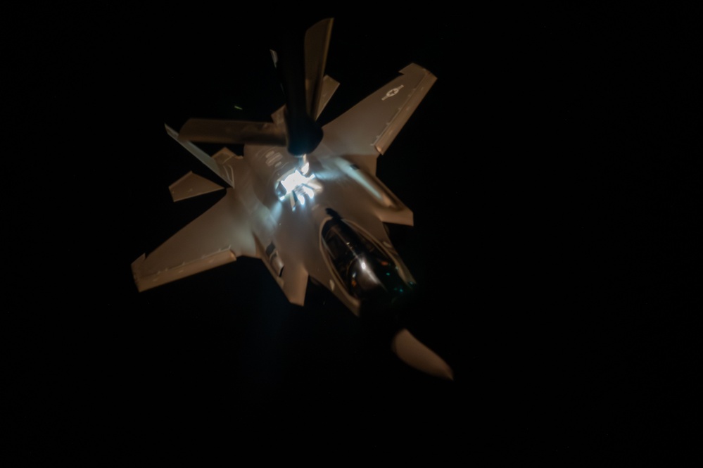 F-35 Lightning II aircraft fly nighttime mission over CENTCOM AOR