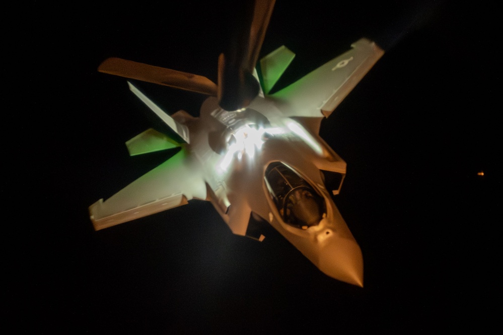 F-35 Lightning II aircraft fly nighttime mission over CENTCOM AOR