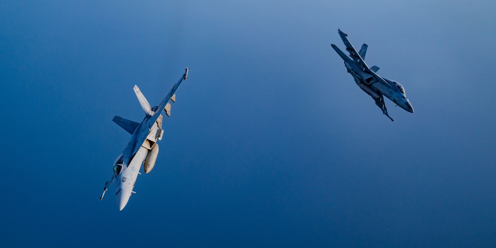 F/A-18 Super Hornets swarm over the Red Sea
