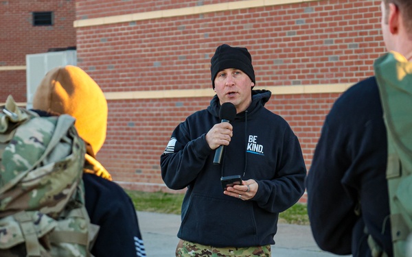 95th Civil Affairs Brigade (Special Operations) (Airborne) Chaplain Encourages the Formation Before a Charity Ruck March