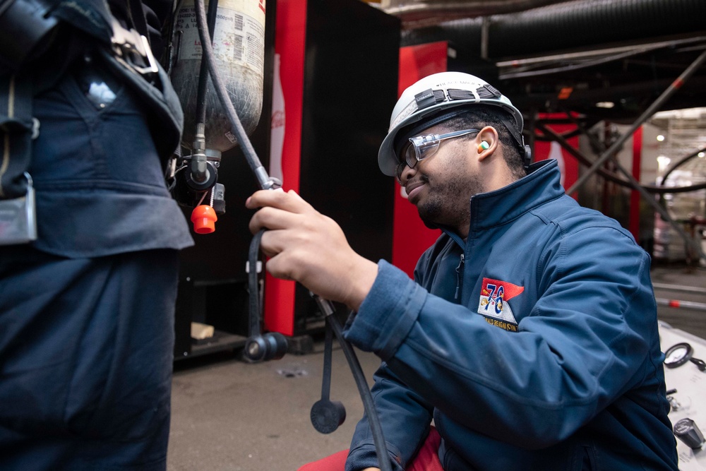 Ronald Reagan Sailors Maintain Firefighting Bottles
