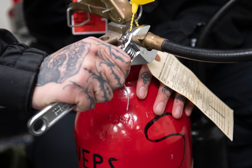 Ronald Reagan Sailors Maintain Firefighting Bottles