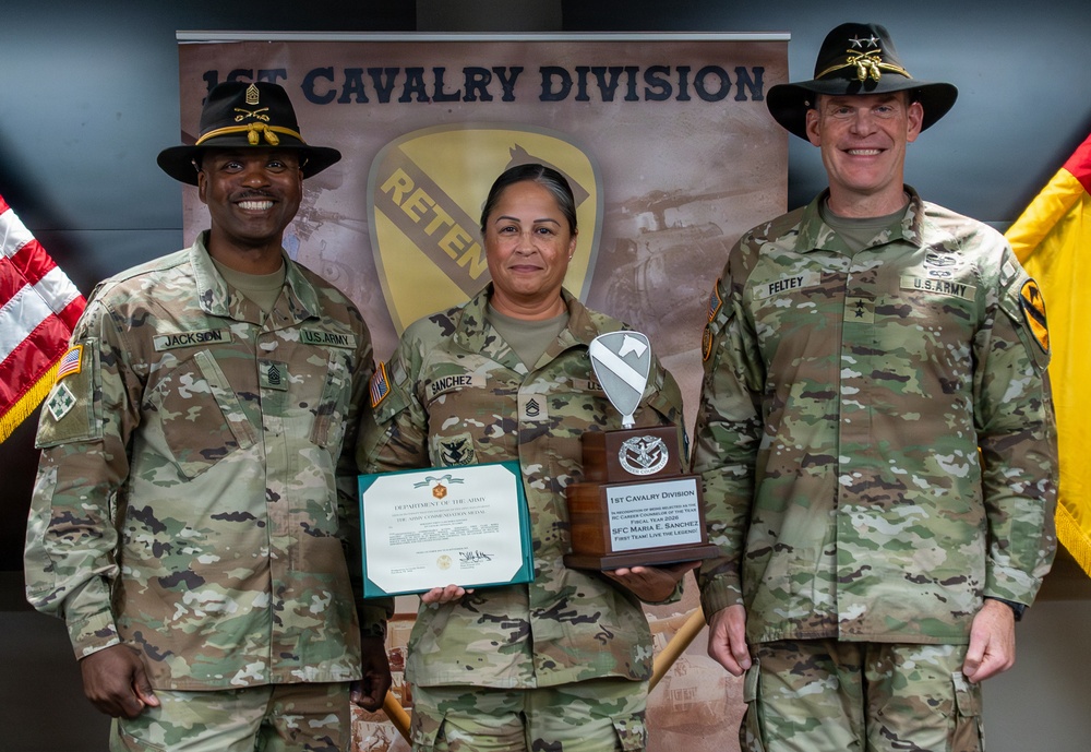 U.S. Army Soldiers receive awards for the 1st Cavalry Division Career Counselor of the Year Competition