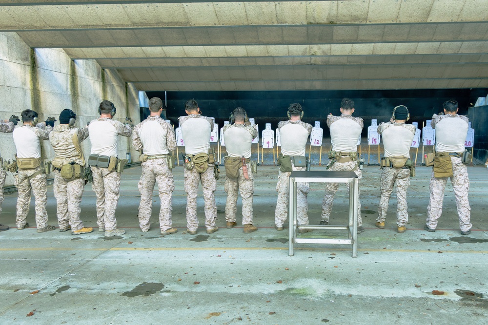 Reconnaissance Marines with the 24th Marine Expeditionary Unit conducts pistol shooting drills