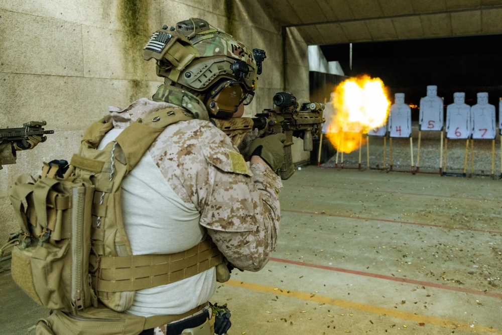 Reconnaissance Marines with the 24th Marine Expeditionary Unit conduct rifle shooting drills
