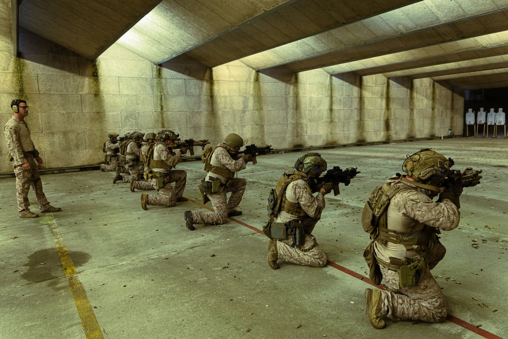 Reconnaissance Marines with the 24th Marine Expeditionary Unit conduct rifle and pistol drills