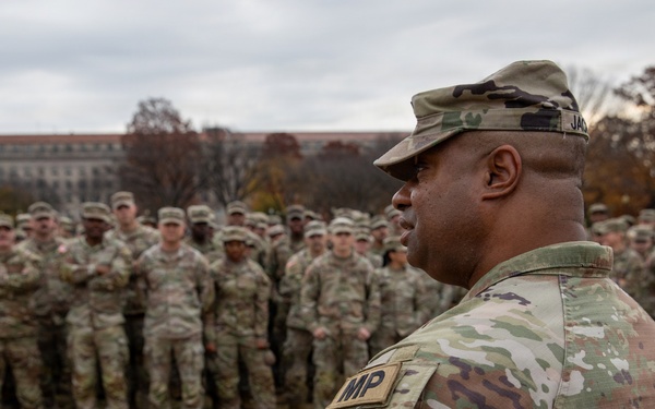 Joint Task Force Magnolia commander delivers remarks to service members in front of the White House