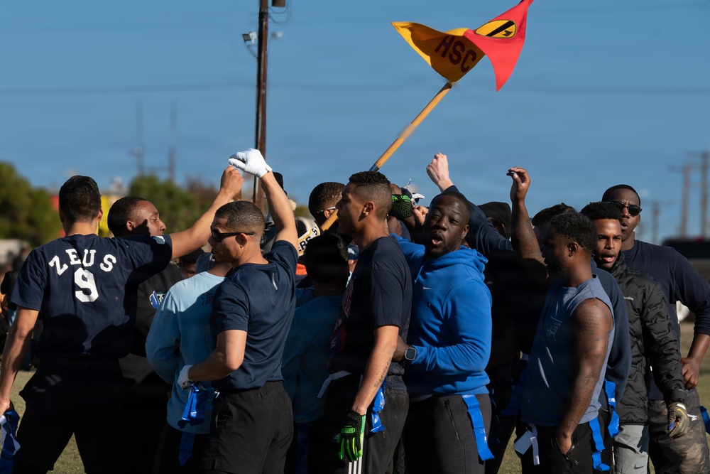 1st Cavalry Division units compete for the win during a Turkey Bowl flag football game