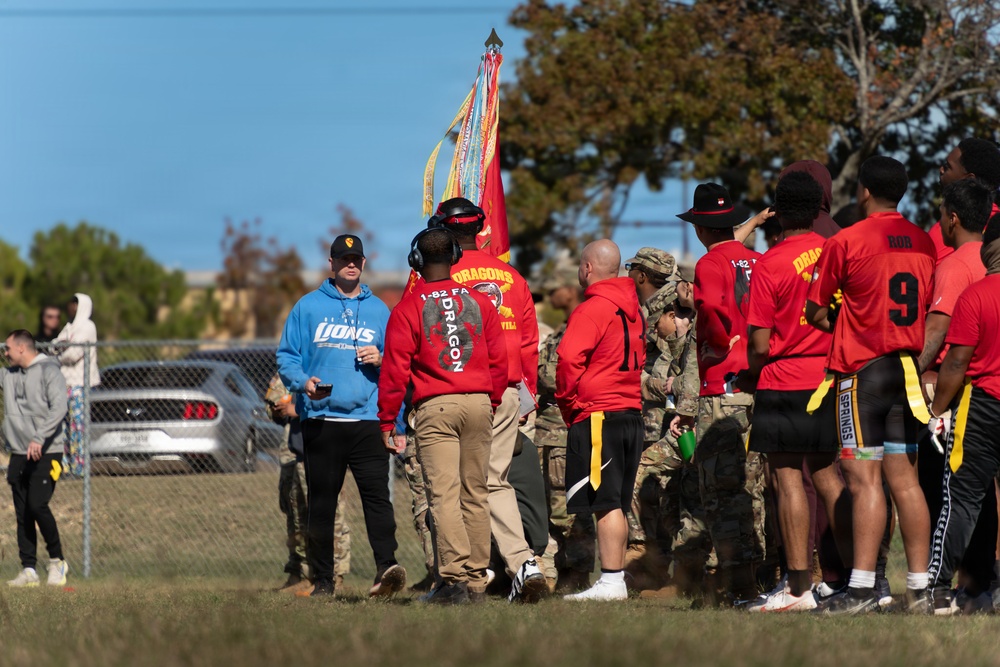 1st Cavalry Division units compete for the win during a Turkey Bowl flag football game