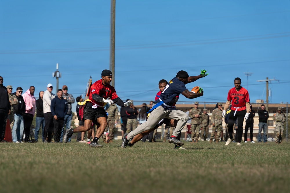 1st Cavalry Division units compete for the win during a Turkey Bowl flag football game