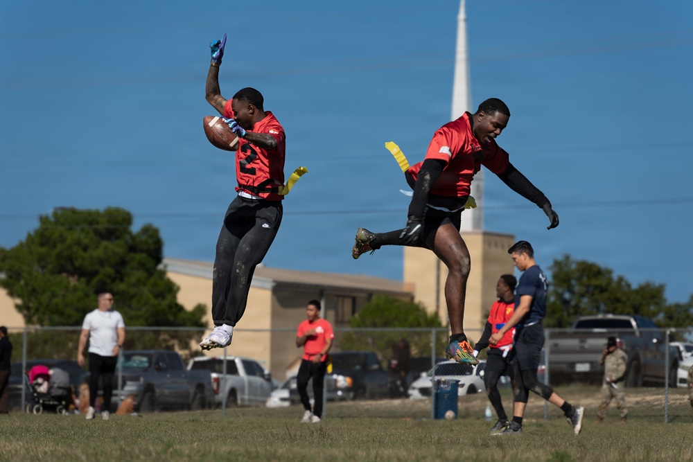 1st Cavalry Division units compete for the win during a Turkey Bowl flag football game