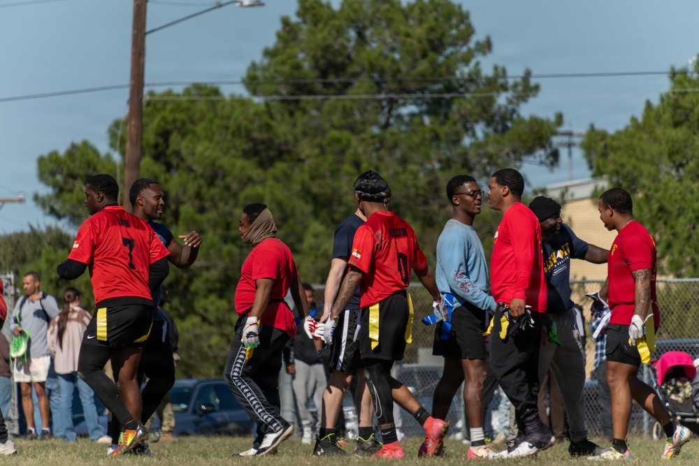 1st Cavalry Division units compete for the win during a Turkey Bowl flag football game