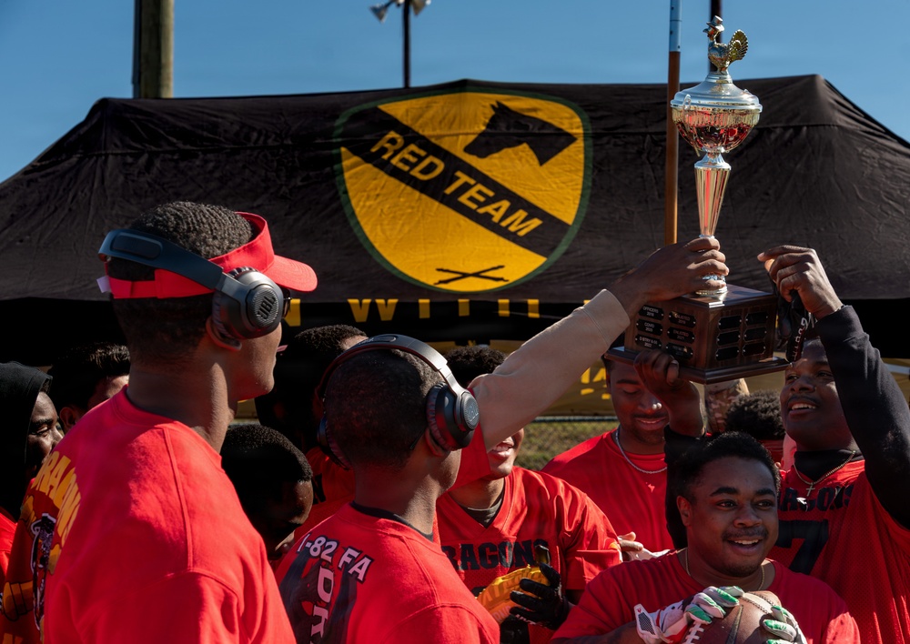 1st Cavalry Division units compete for the win during a Turkey Bowl flag football game