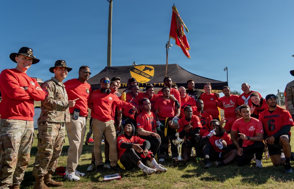 1st Cavalry Division units compete for the win during a Turkey Bowl flag football game